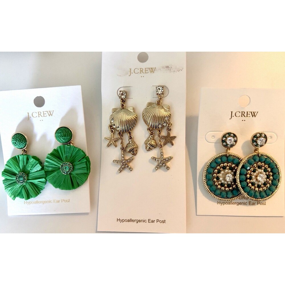 J.Crew Factory Straw Beach Shell Statement Earrings Lot Set Of 3 Gold Green NWT